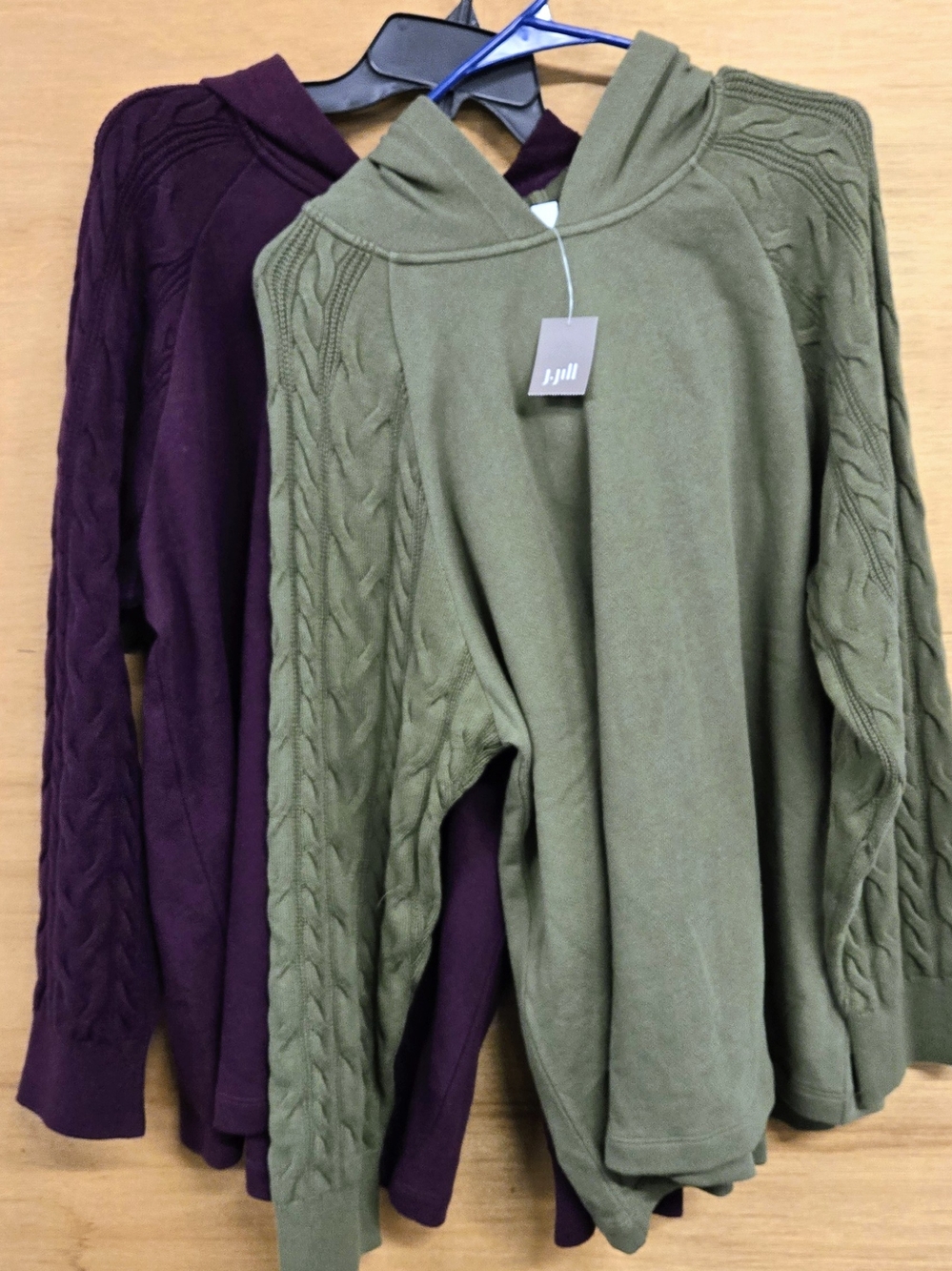 (2) J. Jill Olive And Dark Purple Cable-Sleeve Hooded Sweater SIZE LARGE TALL